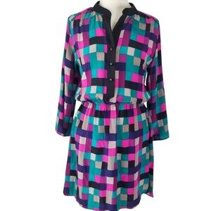 Britt Ryan 100% Silk Geometric Print Long Sleeve Blouson Dress Size M Colorful